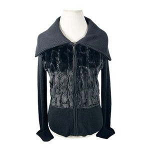 Cache Black Zip Up Sweater Jacket Wool Blend Faux Fur Beaded Chic Size L
